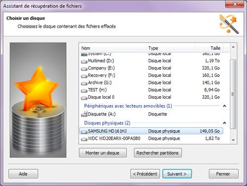 Assistant de récupération: Sélection d’un disque