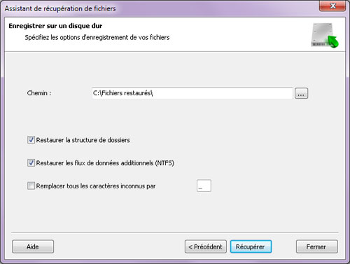 Assistant de récupération de fichier vous permet d'enregistrer les fichiers récupérés sur un disque dur ou une clé USB