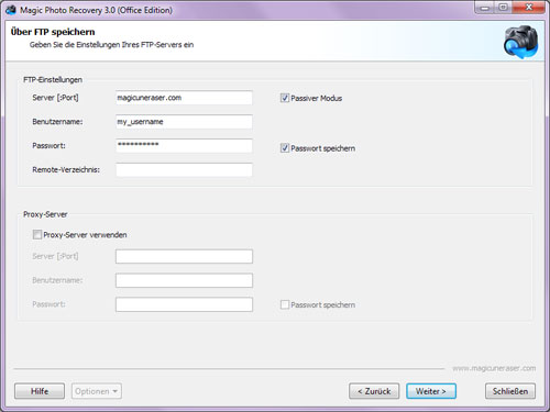 Magic Photo Recovery: Geben Sie die Einstellungen Ihres FTP-Servers ein