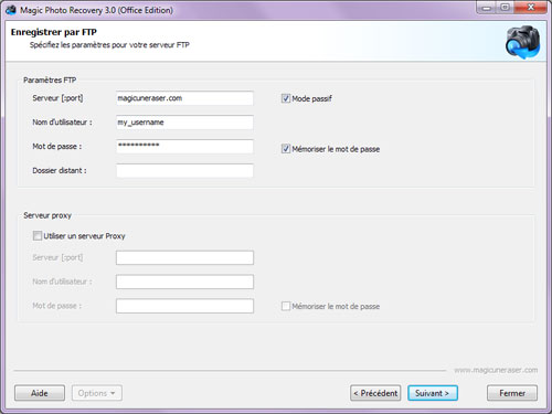 Magic Photo Recovery: Spécifier des paramètres pour votre serveur FTP