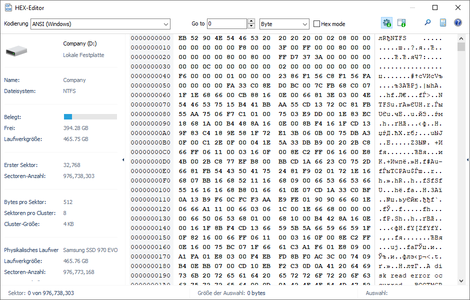 Der integrierte HEX-Editor ermöglicht Ihnen, den Inhalt von Dateien, Partitionen oder physikalischen Laufwerken anzusehen