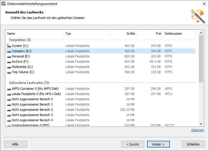 Dateiwiederherstellungsassistent: Auswahl des Laufwerks