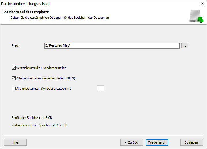 Datei Wiederherstellungs-Assistent können Sie die Dateien auf der Festplatte oder auf einem USB-Datenträger speichern