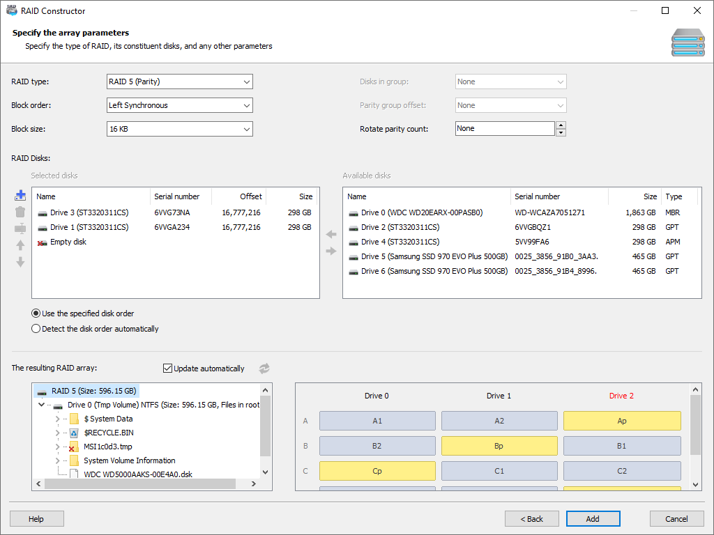 Specify the RAID type, block order, block size and other settings