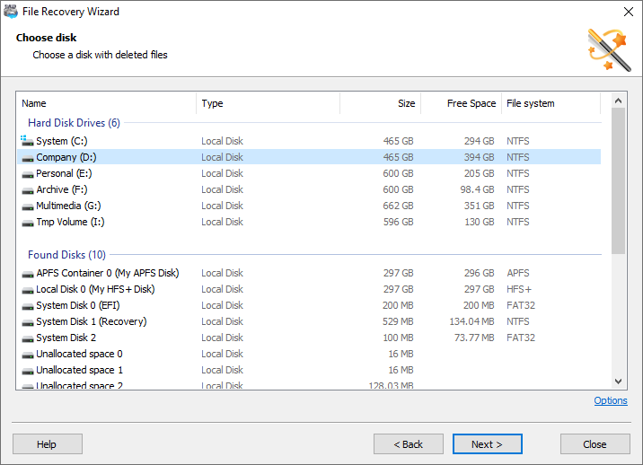 File Recovery Wizard: Selecting a disk