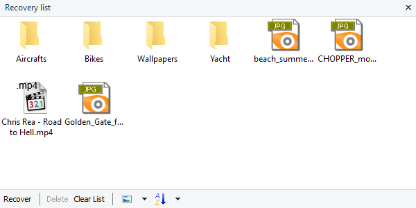 The recovery list toolbar helps you to pick out all of the deleted files you need before recovering them