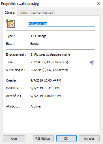Propriétés du fichier
