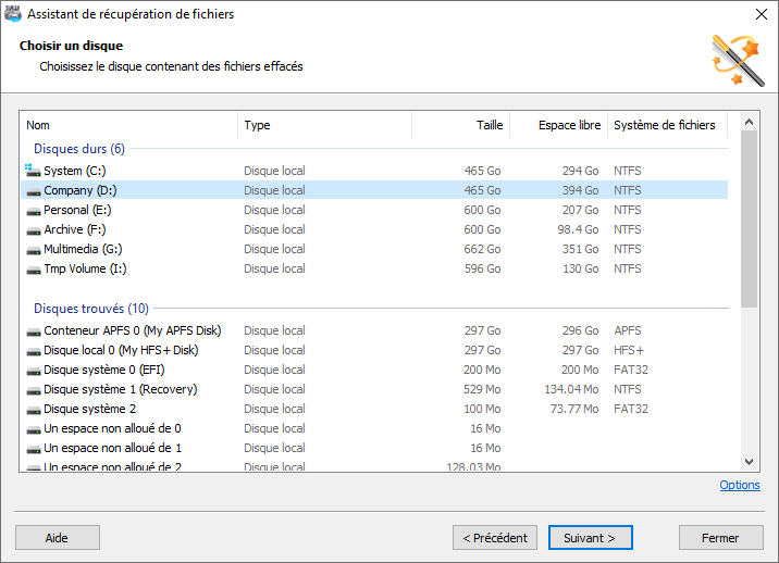 Assistant de récupération: Sélection d’un disque