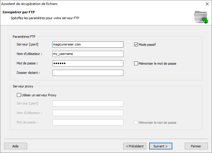 Magic RAID Recovery: Paramètres FTP