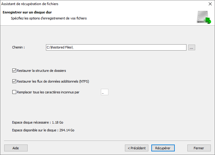 Assistant de récupération de fichier vous permet d'enregistrer les fichiers récupérés sur un disque dur ou une clé USB