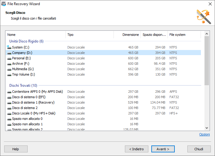 File Recovery Wizard: Selezione del disco