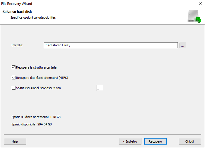 File Recovery Wizard consente di salvare i file recuperati su un disco rigido o unità USB