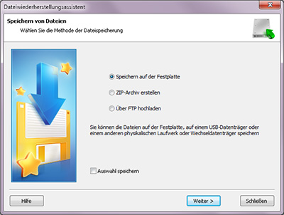 Speicherassistent: zwischen vier Speichermethoden zu wählen (auf Festplatte speichern, auf ZIP-Archiv erstellen, über einen FTP-Server ins Internet laden)