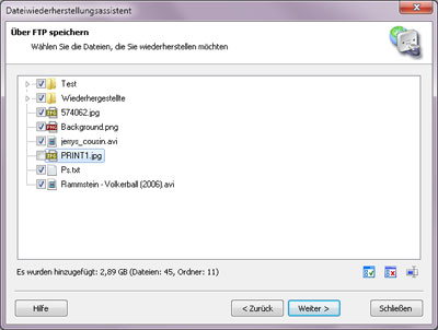 Über FTP speichern: Wählen die wiederherzustellenden Dateien