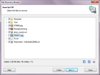 Saving over FTP: Select the files you wish to recover