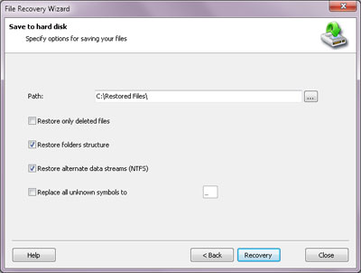 Here you can select the folder in which you wish to save the recovered files