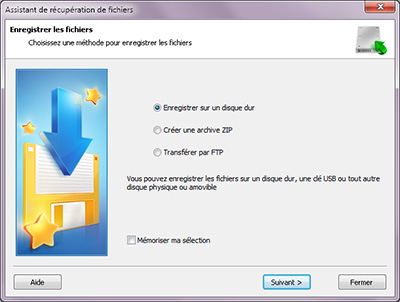 Assistant d'enregistrement: Choisir une parmi les quatre méthodes d'enregistrement de vos fichiers (enregistrer sur le disque dur, créer une archive ZIP, enregistrer sur Internet via un serveur FTP)