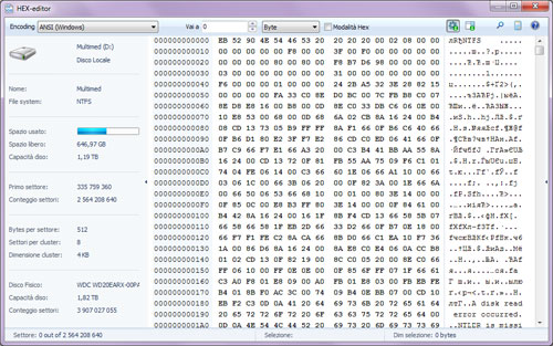 Il software include un HEX-editor che consente di visualizzare il contenuto dei file delle partizioni logiche o del disco fisico