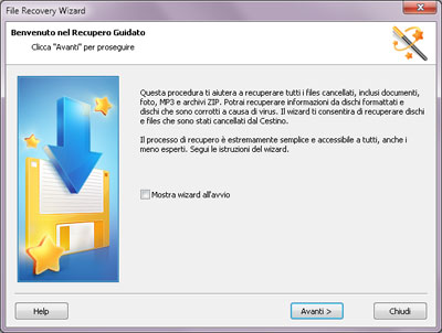 È possibile utilizzare la procedura guidata passo dopo passo per l'analisi, la ricerca e il salvataggio di file cancellati