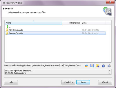 Scegliere la directory di server FTP remoto per salvare i file recuperati