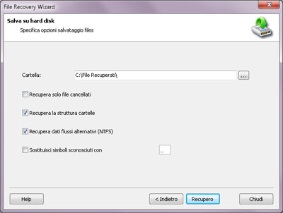 Qui è possibile selezionare la cartella in cui si desidera salvare i file recuperati