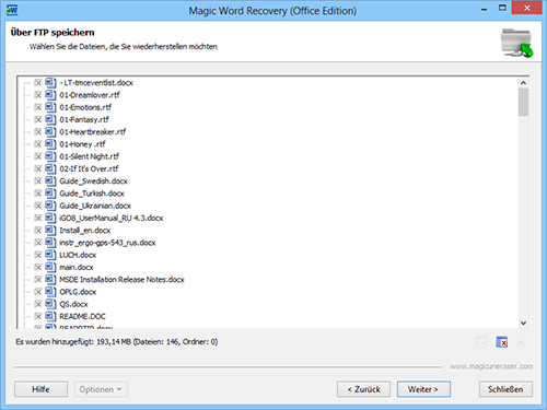Über FTP speichern: Wählen Sie die Dokumenten, die Sie wiederherstellen möchten
