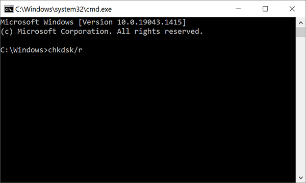 Enter chkdsk/r in Command Prompt to fix a WHEA uncorrectable error