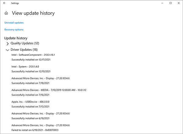 Cronologia aggiornamenti driver Windows