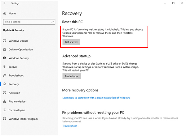 Сбросьте Windows 10, чтобы исправить ошибку WHEA