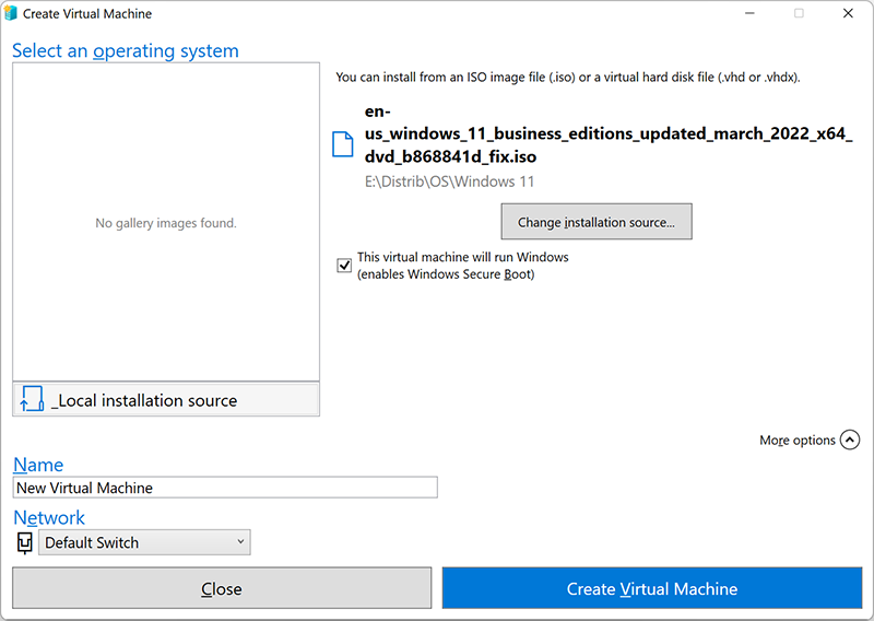 Installing a guest OS using a Local Installation Source