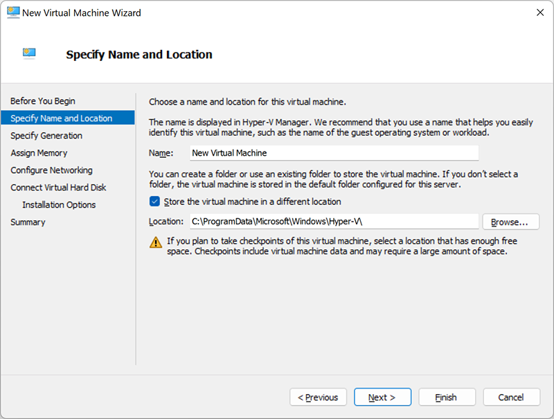 Name and location of the virtual machine