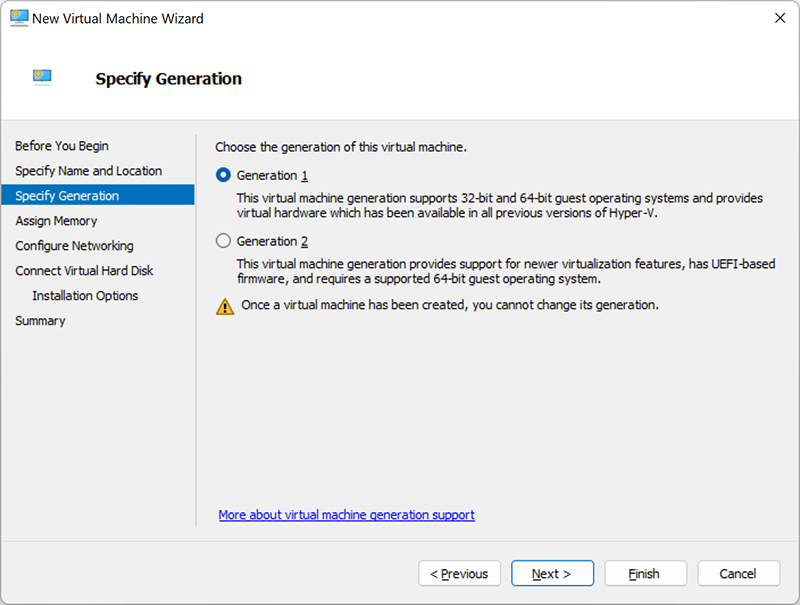 Choosing the generation of the new Hyper-V virtual machine