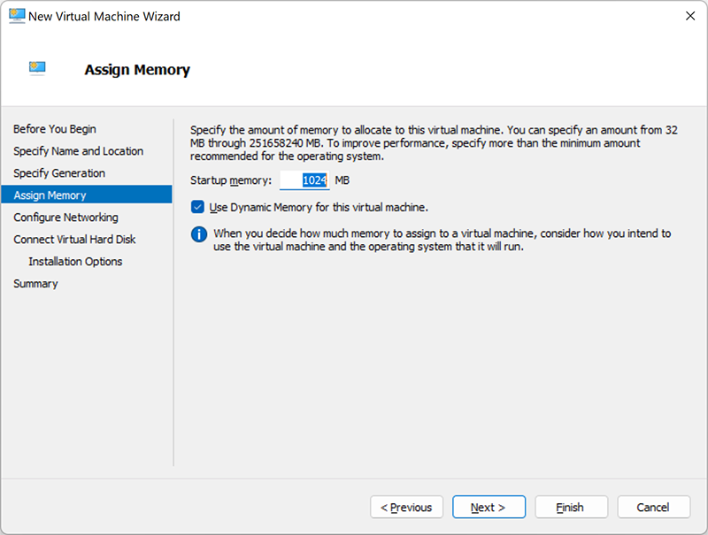 Configuring the memory for the new Hyper-V Virtual Machine