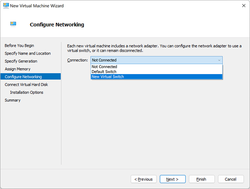Configuring the network for the new Hyper-V Virtual Machine