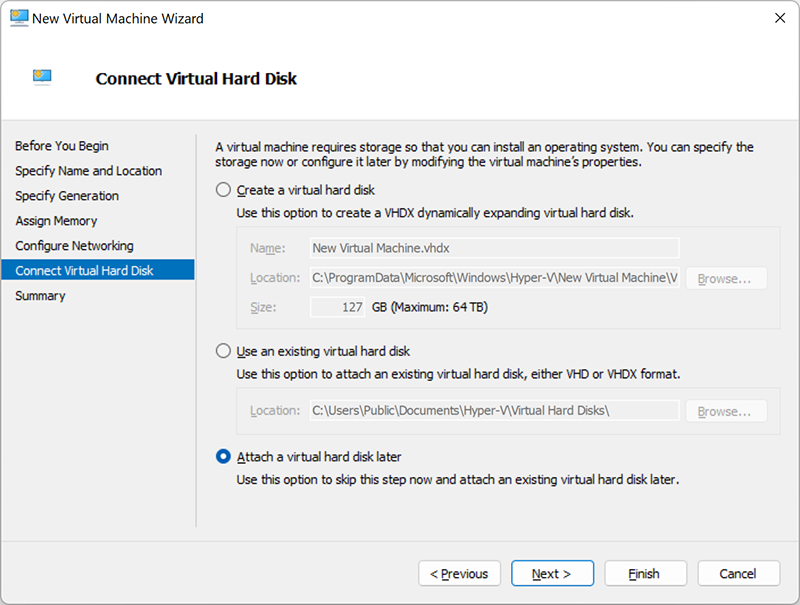 Configuring the virtual hard disk for the new Hyper-V Virtual Machine