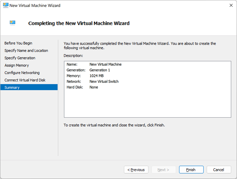 Settings of the new Hyper-V Virtual Machine