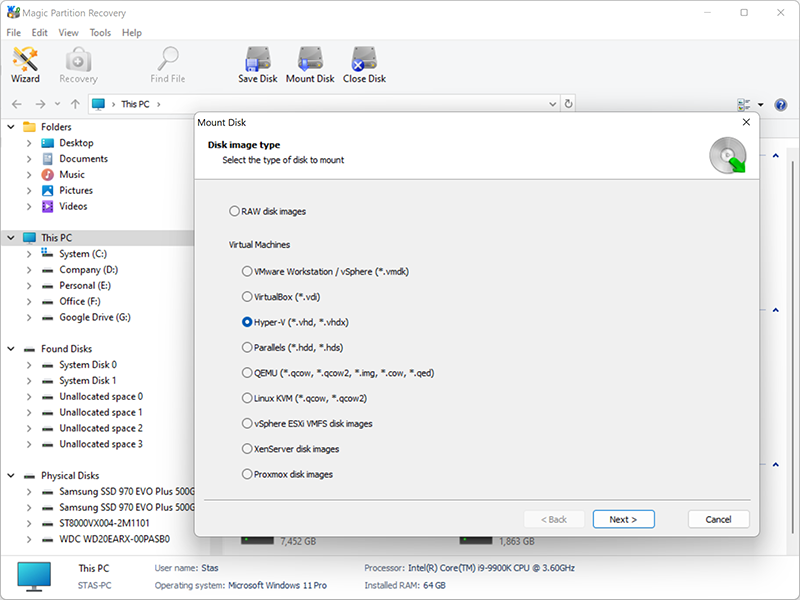 Restoring files on the disk of the Hyper-V virtual machine