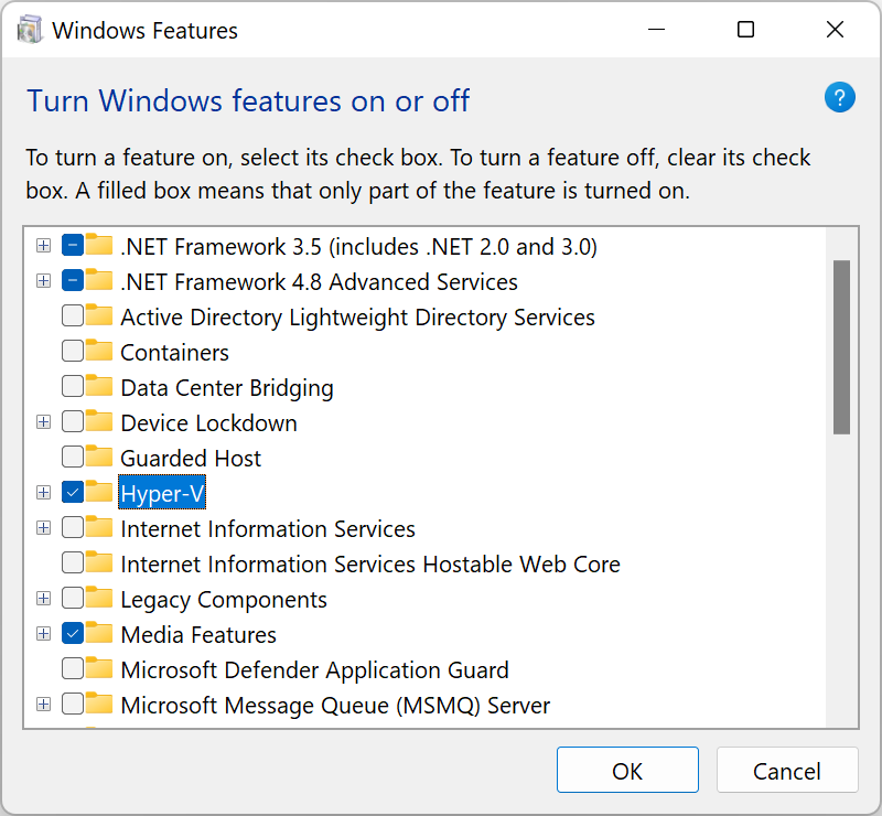 Installing Hyper-V in the Windows Control Panel