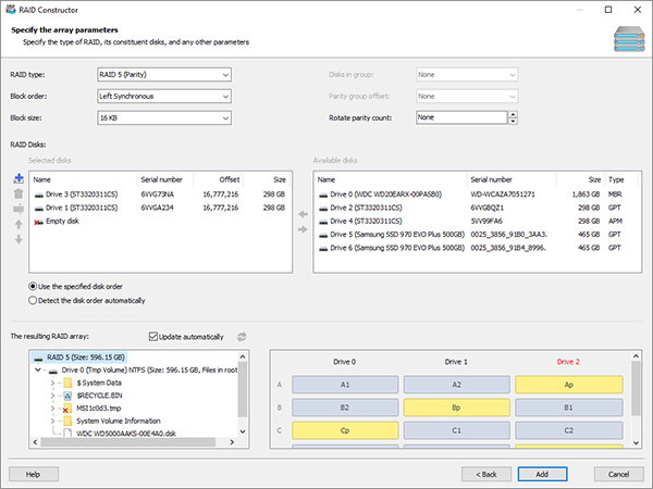Magic RAID Recovery RAID Constructor showing RAID 5 parameters, selected disks, an empty disk slot, and the resulting block layout