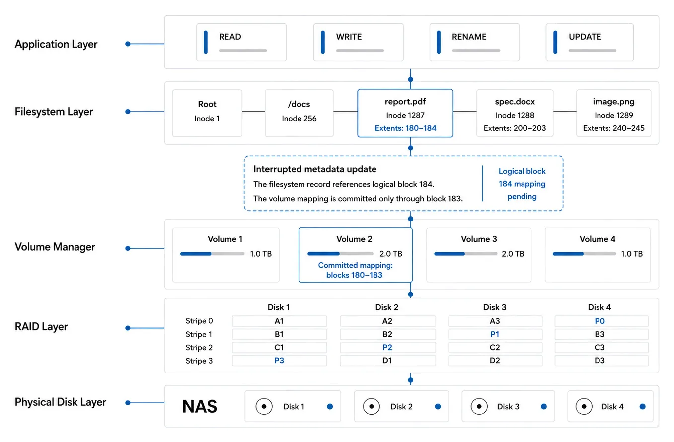 Diagram illustrating an interrupted NAS metadata update after a power failure, where filesystem and volume manager metadata become inconsistent while the physical data remains on the disks.