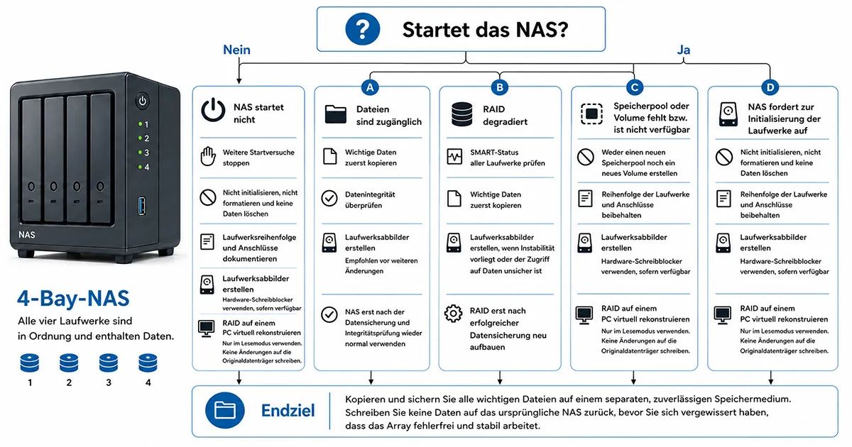 Entscheidungsbaum zur NAS-Datenrettung nach einem Stromausfall mit sicheren Maßnahmen bei Startfehler, erreichbaren Dateien, degradiertem RAID, fehlendem Speicherpool und Initialisierungsaufforderung
