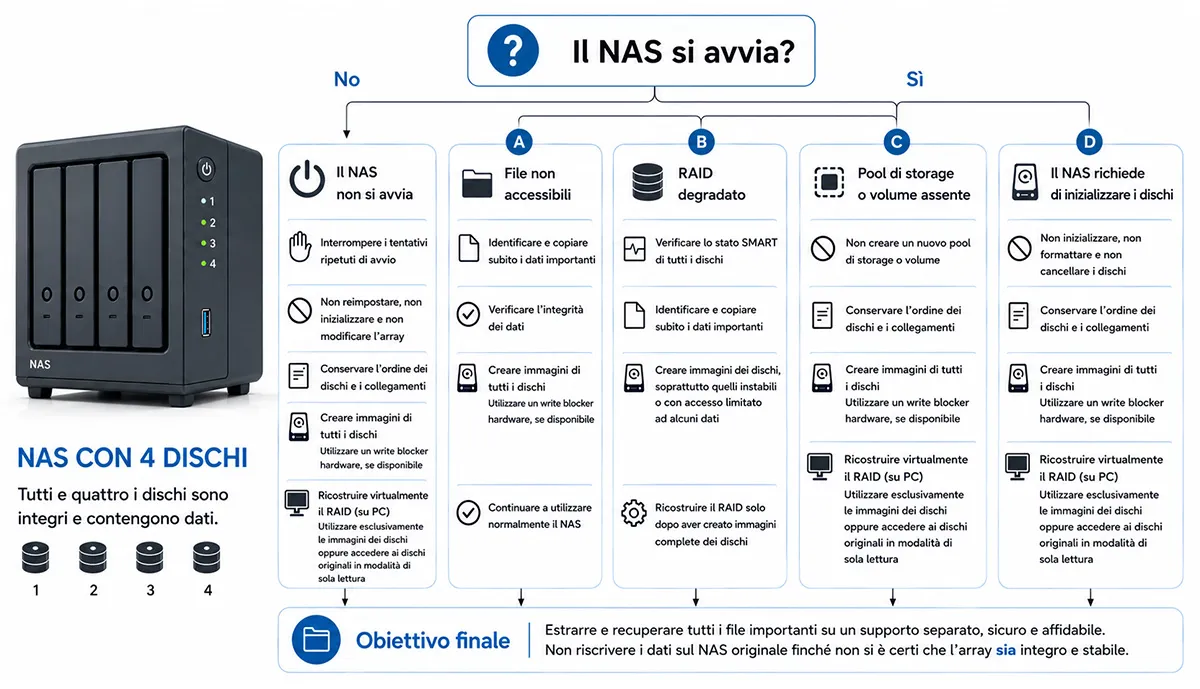 Albero decisionale per il recupero di un NAS dopo un blackout con azioni sicure in caso di mancato avvio, file accessibili, RAID degradato, pool di archiviazione mancante e richiesta di inizializzazione dei dischi