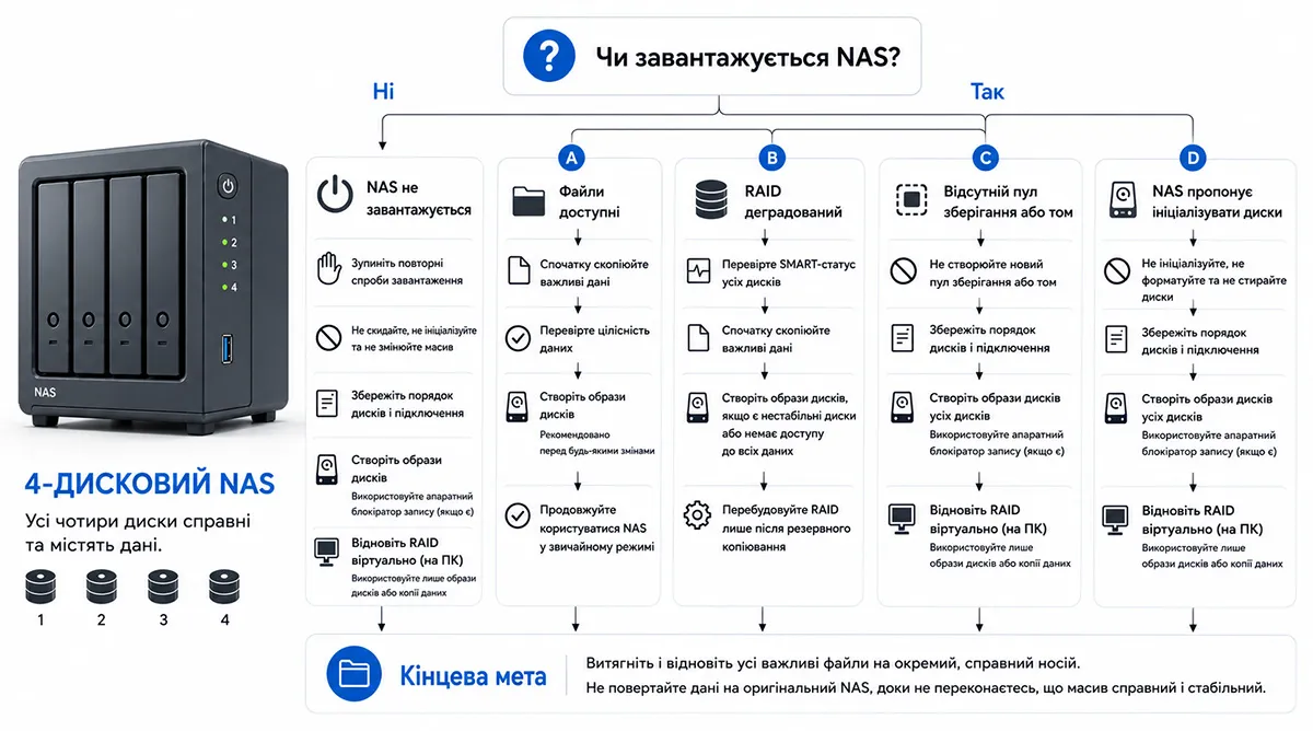 Дерево рішень для відновлення NAS після збою живлення з безпечними діями у випадках, коли пристрій не завантажується, файли доступні, RAID деградований, пул зберігання відсутній або система пропонує ініціалізувати диски