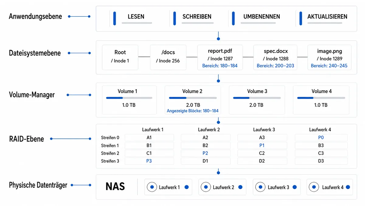 Diagramm der NAS-Speicherebenen mit Anwendungsebene, Dateisystem-Metadaten, Volume-Manager, RAID 5 und vier physischen Laufwerken