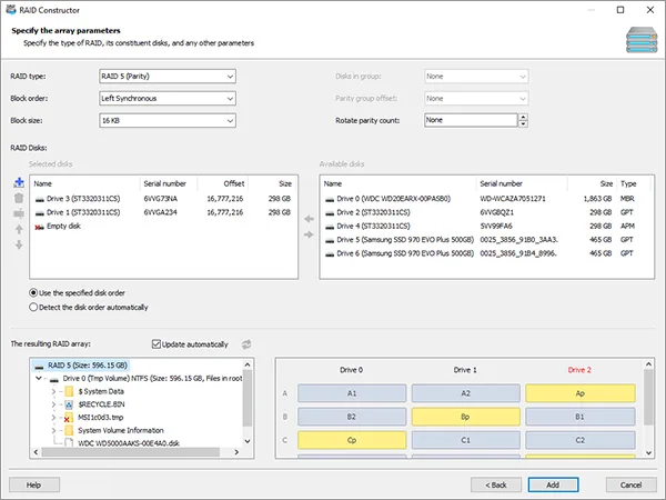 Magic RAID Recovery RAID Constructor showing RAID 5 parameters, selected disks, an empty disk slot, and the resulting block layout
