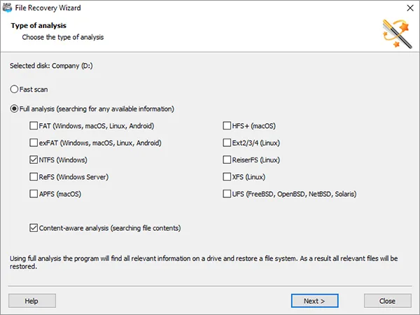 Magic RAID Recovery File Recovery Wizard showing Full analysis with NTFS and content-aware analysis selected