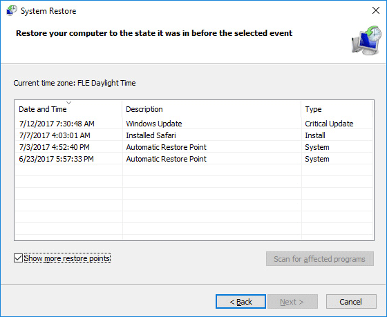 Remove the virus by rolling the system back to a restore point