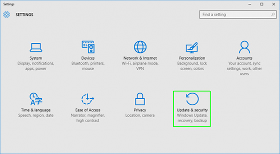 Update and Security category in Windows Settings