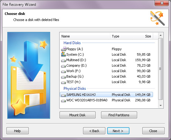 Вбор диска с удалёнными файлами для начала анализа