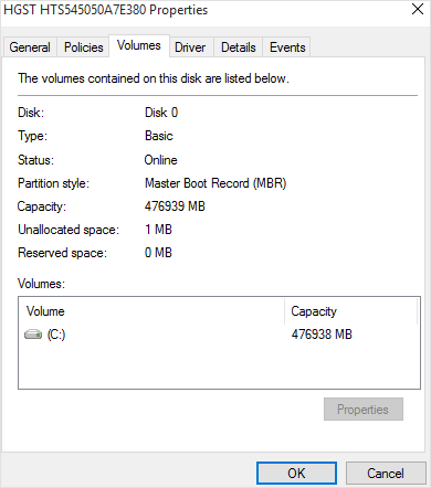 Hard drive properties - Volumes - Partition Style